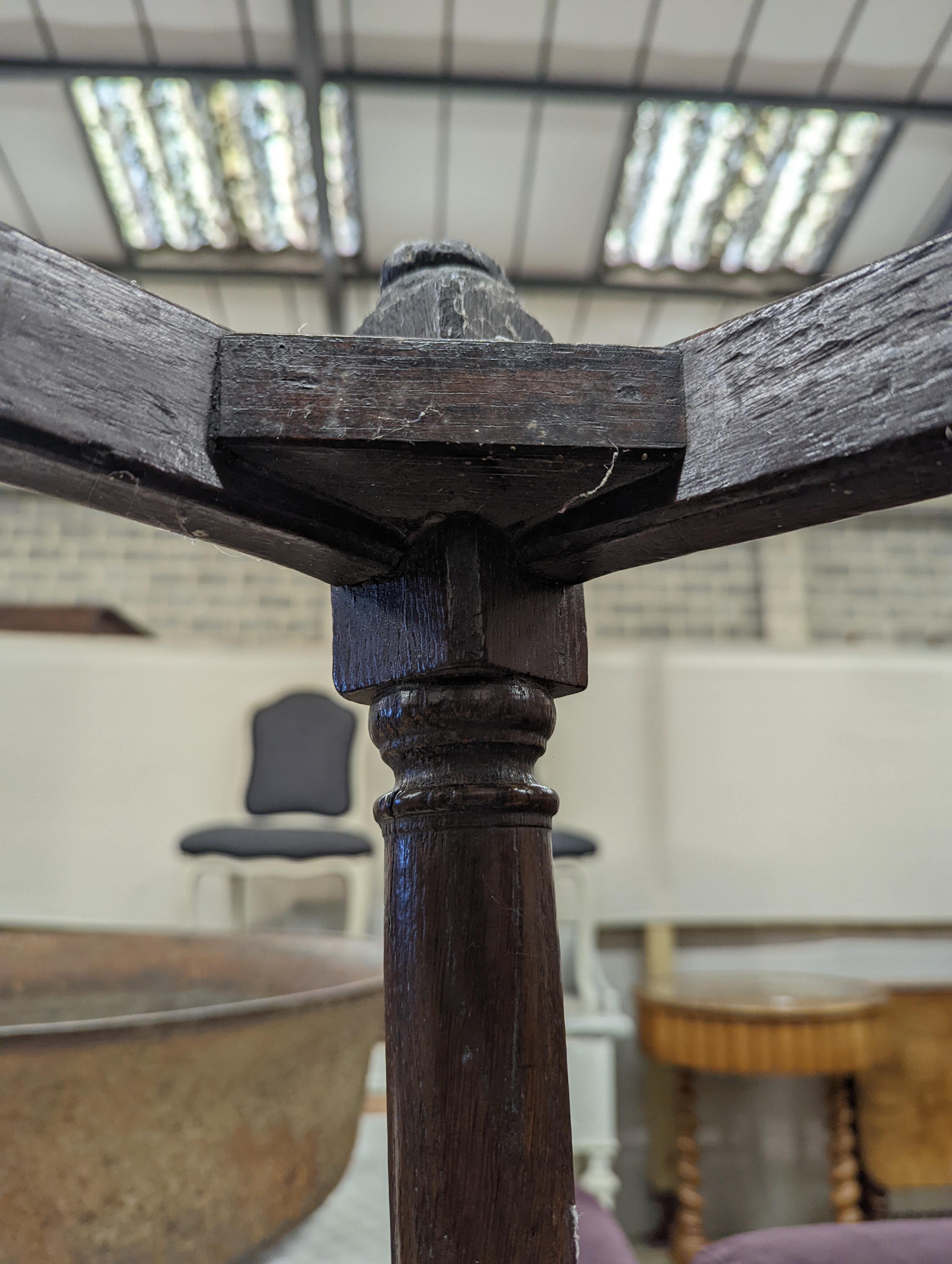 A 17th century style oak joint stool, width 46cm, depth 26cm, height 46cm and a George III stool with Victorian needlework seat, length 33cm